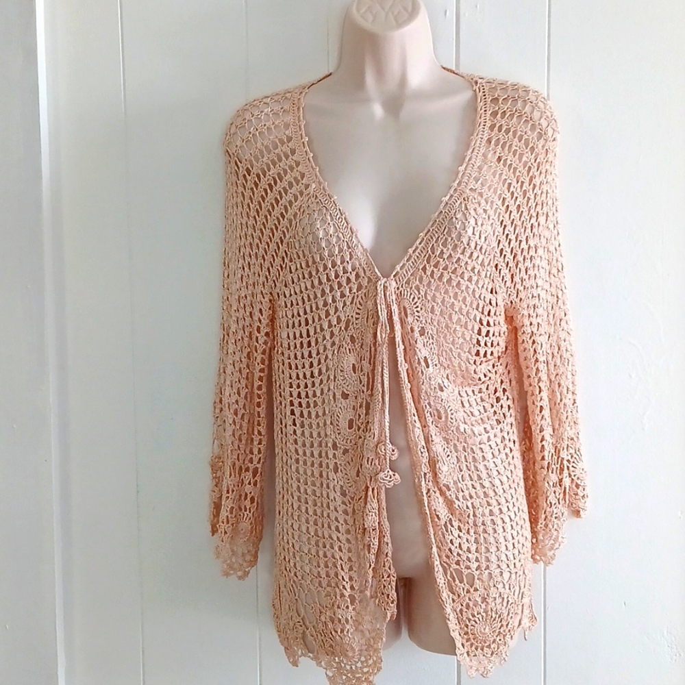 Worthington Peach Open-Weave Crochet Cardigan